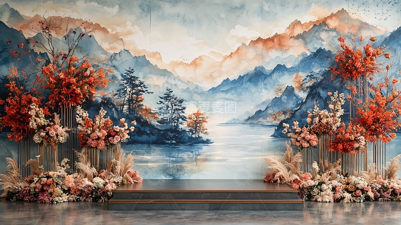 高清大图下载【趣麦麦图】水彩山景鲜花舞台背景