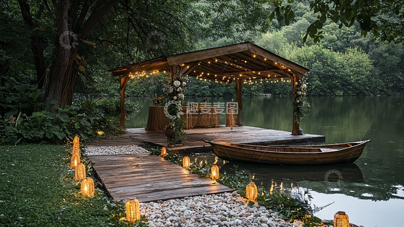 高清大图下载【趣麦麦图】湖边小屋浪漫灯光