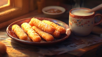 阳光洒在盘子里的油条