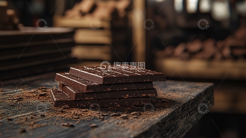 高清大图下载【趣麦麦图】深色木桌上几块黑巧克力