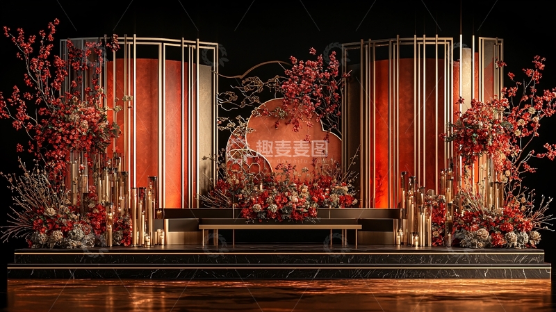 高清大图下载【趣麦麦图】红色花卉主题婚礼舞台