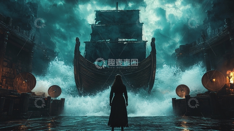高清大图下载【趣麦麦图】风暴中航行的维京船