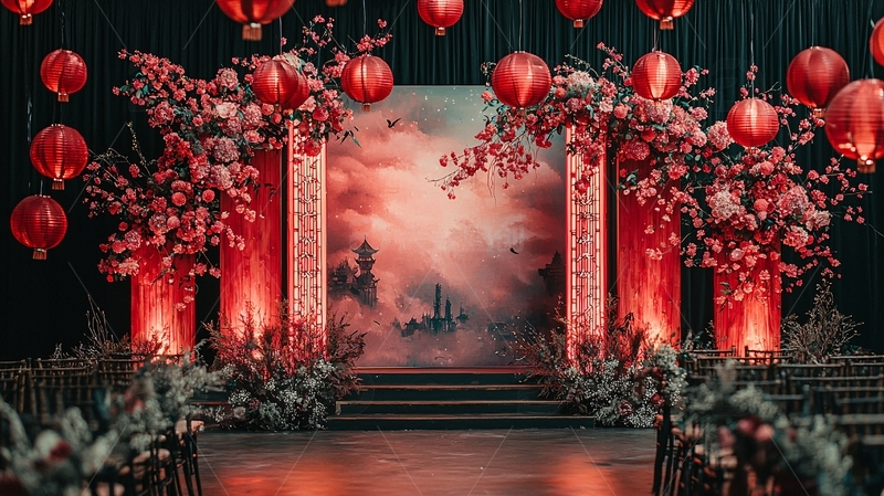 高清大图下载【趣麦麦图】红色灯笼与花卉装饰的舞台