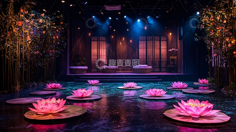 高清大图下载【趣麦麦图】唯美舞台莲花池夜景