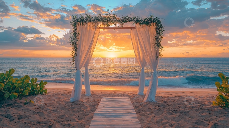 高清大图下载【趣麦麦图】海边婚礼拱门日落