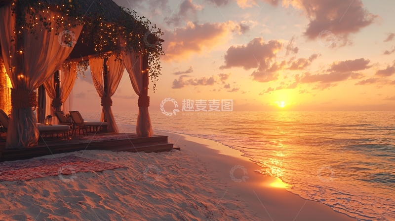 高清大图下载【趣麦麦图】海边凉亭日落美景