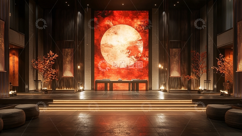 高清大图下载【趣麦麦图】红色月亮下的中式舞台