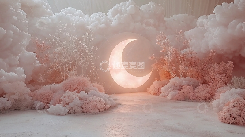 高清大图下载【趣麦麦图】粉色云朵环绕月亮