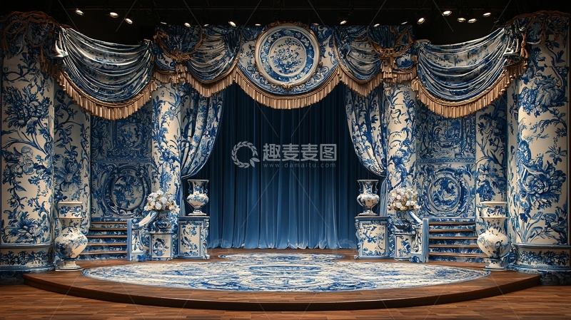 高清大图下载【趣麦麦图】青花瓷图案的舞台背景