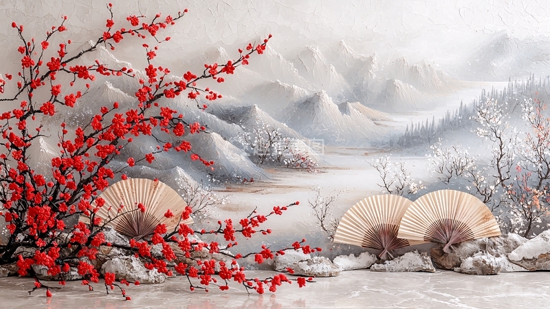 高清大图下载【趣麦麦图】梅花绽放雪山前