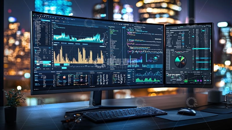 高清大图下载【趣麦麦图】夜景办公桌双显示器数据分析