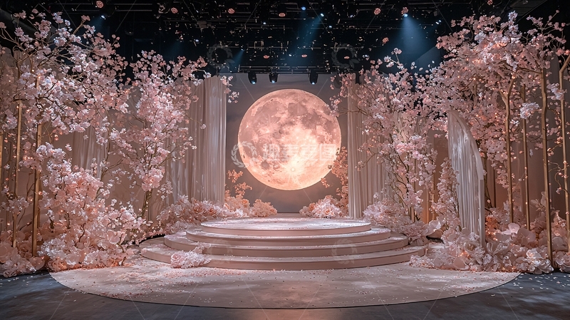 高清大图下载【趣麦麦图】粉色花朵月亮舞台背景