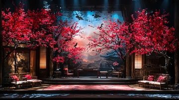 红色花树下的舞台背景