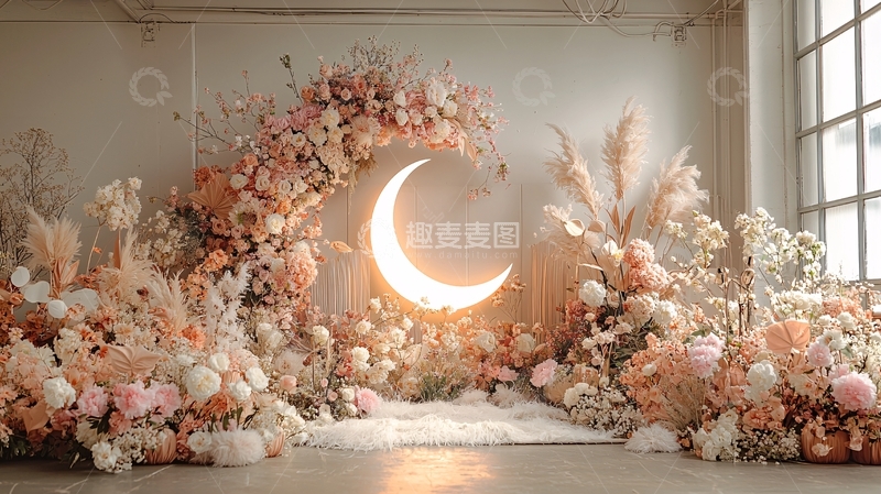 高清大图下载【趣麦麦图】粉色花朵月亮背景