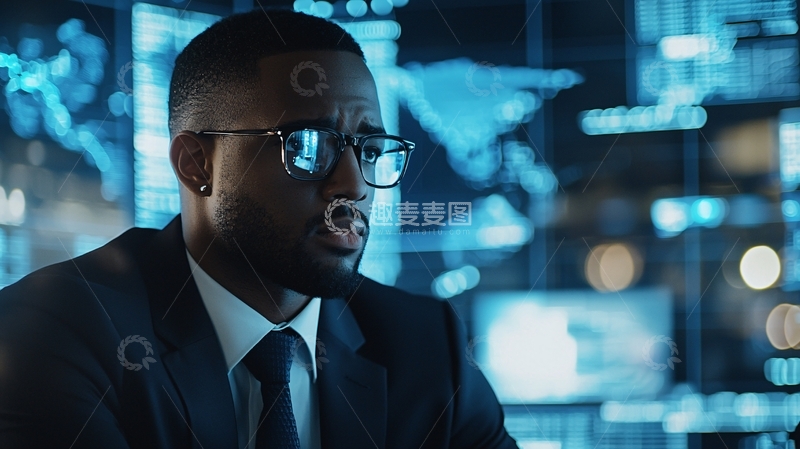 高清大图下载【趣麦麦图】黑人男子凝视数据屏幕