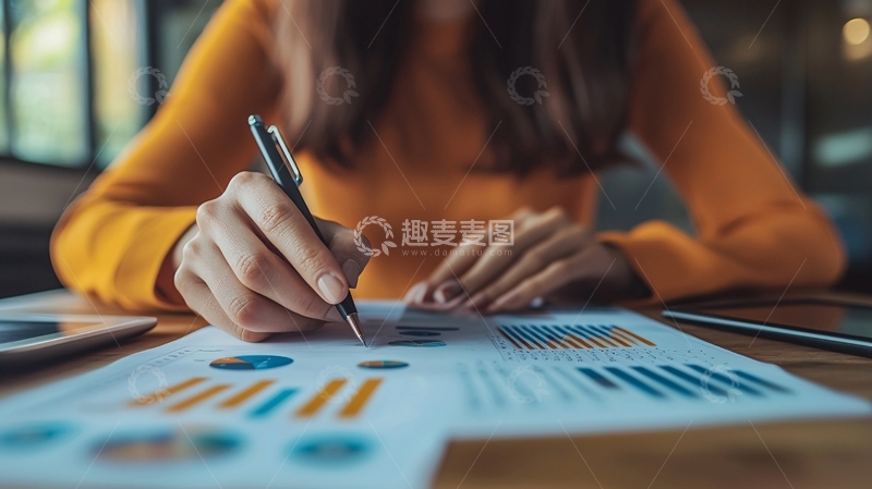高清大图下载【趣麦麦图】女子办公桌前分析图表