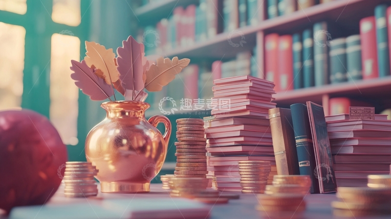 高清大图下载【趣麦麦图】书桌上的金色花瓶与书籍金币