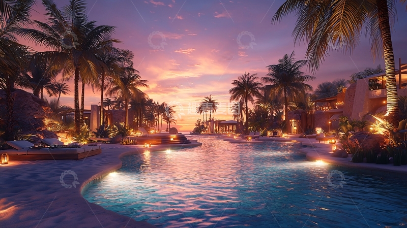 高清大图下载【趣麦麦图】热带海滨度假村夜景