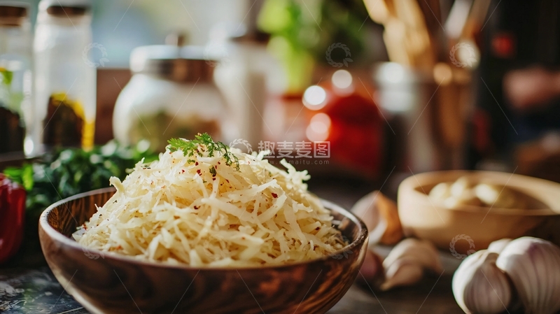 高清大图下载【趣麦麦图】木碗里的一碗刨丝土豆