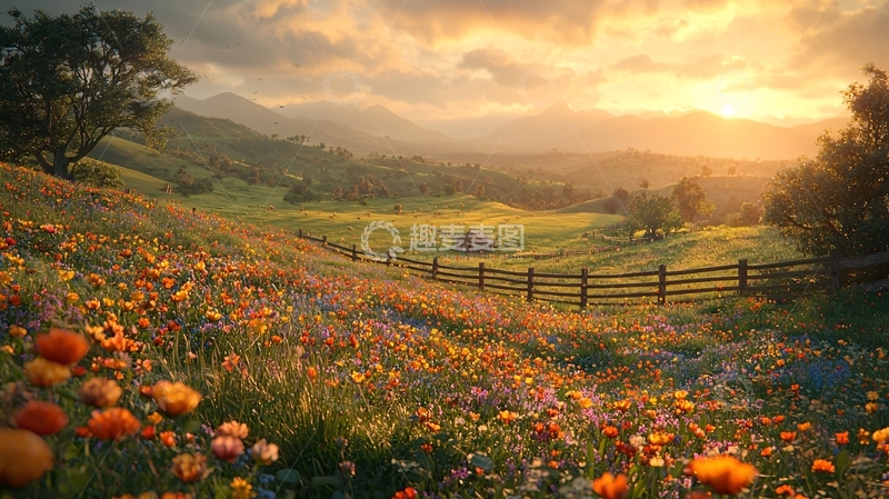 高清大图下载【趣麦麦图】金色阳光下的花田