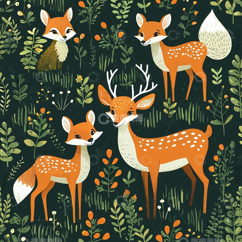 高清大图下载【趣麦麦图】小鹿和狐狸的森林背景