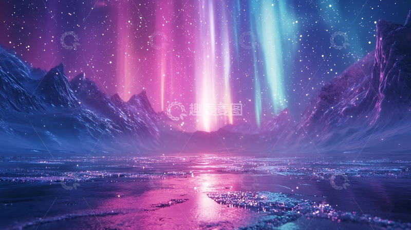 高清大图下载【趣麦麦图】绚丽极光下的冰雪山脉