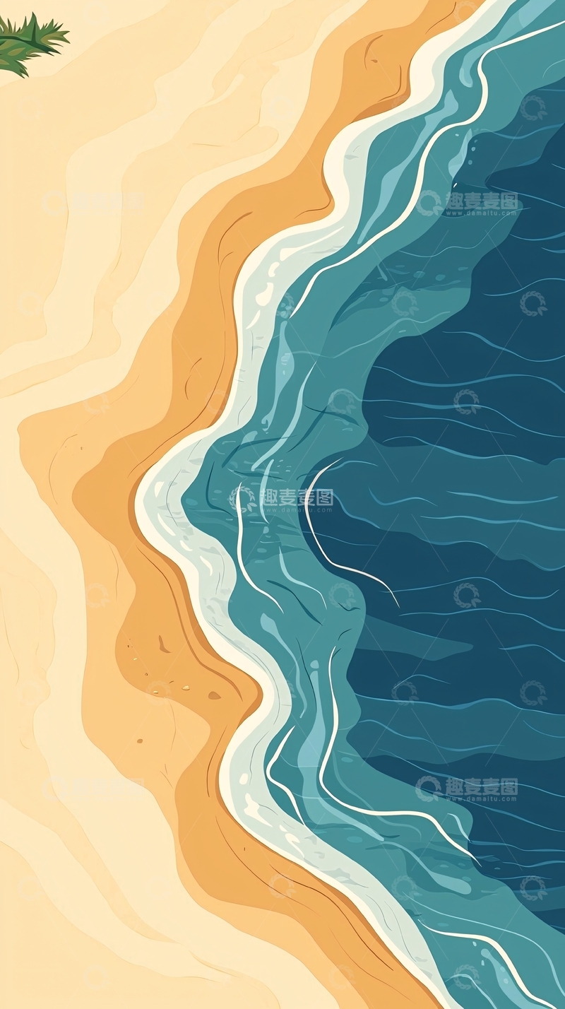 高清大图下载【趣麦麦图】海滩水彩风格俯视图