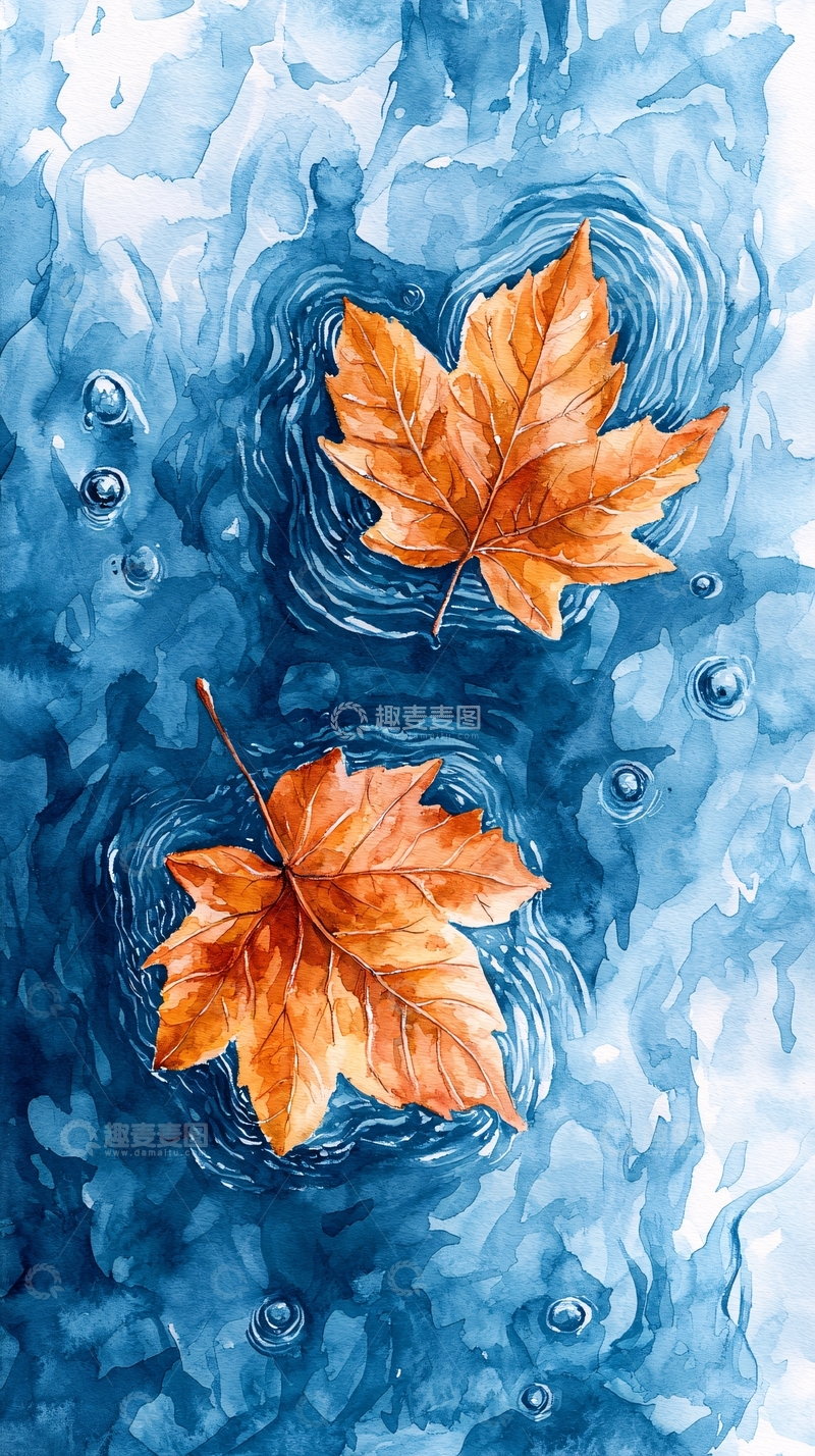 高清大图下载【趣麦麦图】秋叶漂浮在蓝色水面