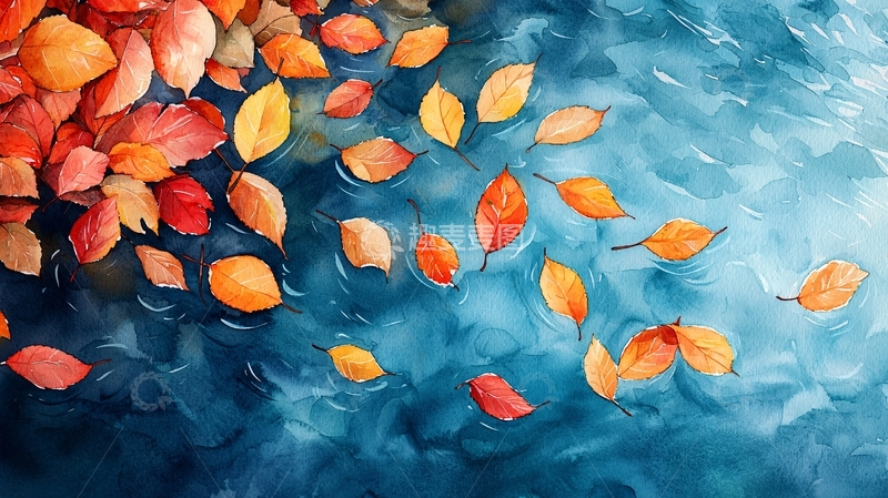 高清大图下载【趣麦麦图】秋叶漂浮在水面