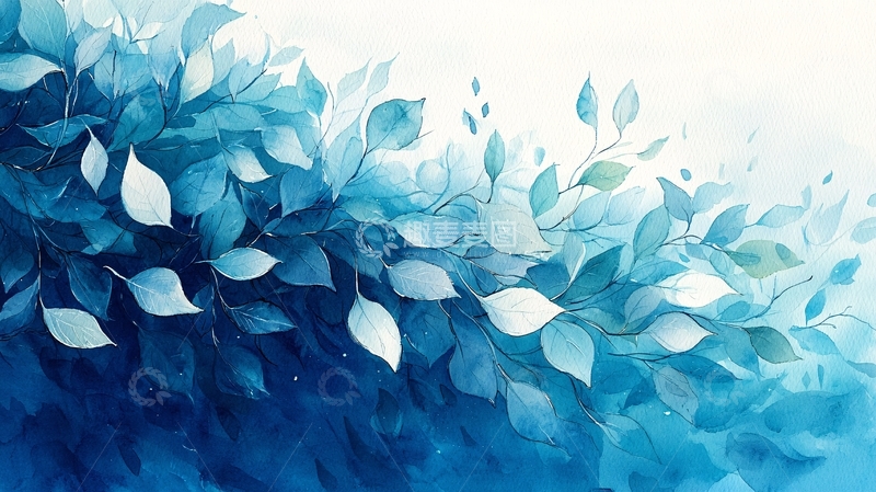高清大图下载【趣麦麦图】蓝色水彩叶子背景