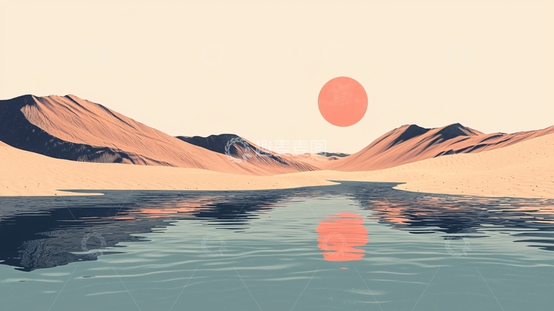 高清大图下载【趣麦麦图】沙漠湖泊日落的平静景象