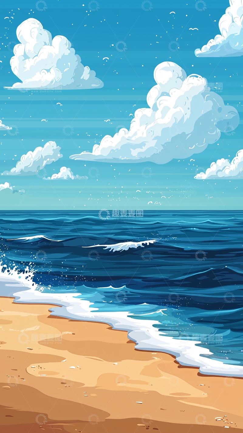 高清大图下载【趣麦麦图】海滩与蓝天白云的卡通