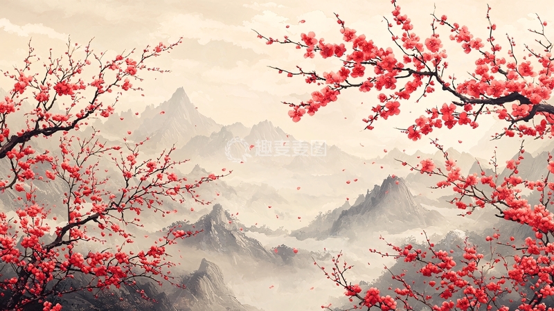 高清大图下载【趣麦麦图】红色花朵山水画