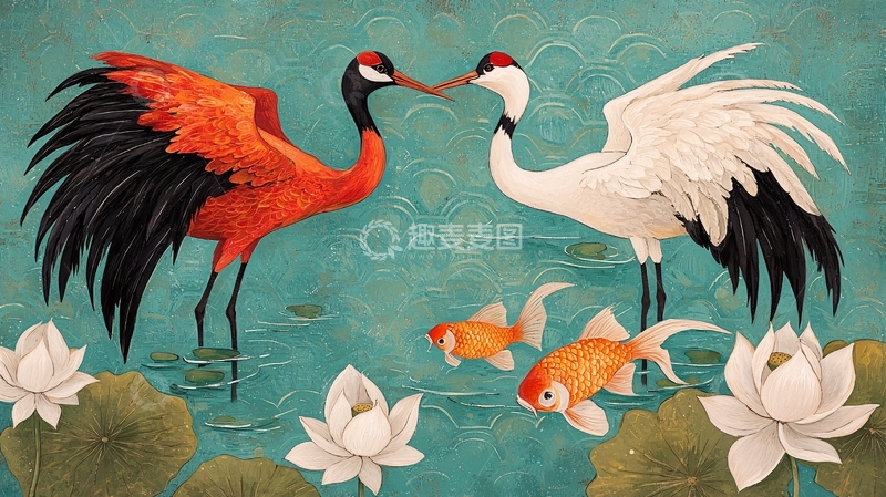 高清大图下载【趣麦麦图】仙鹤金鱼莲花池塘的唯美意境图