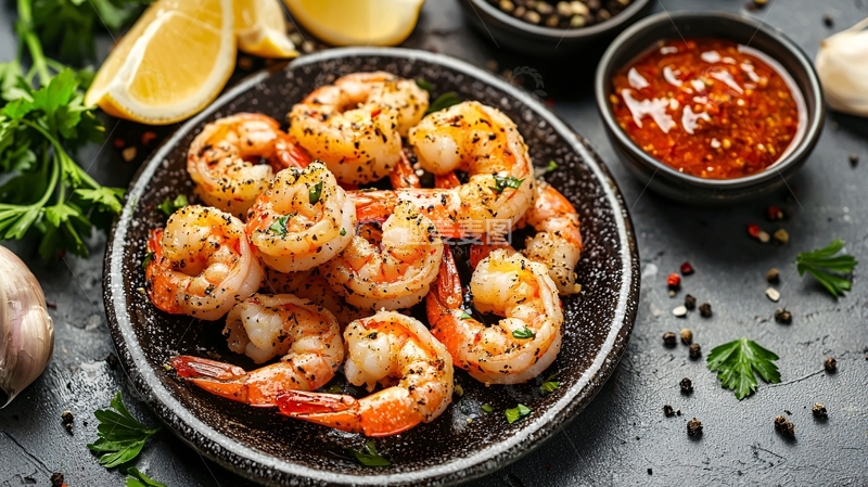 高清大图下载【趣麦麦图】香煎大虾配柠檬和辣酱