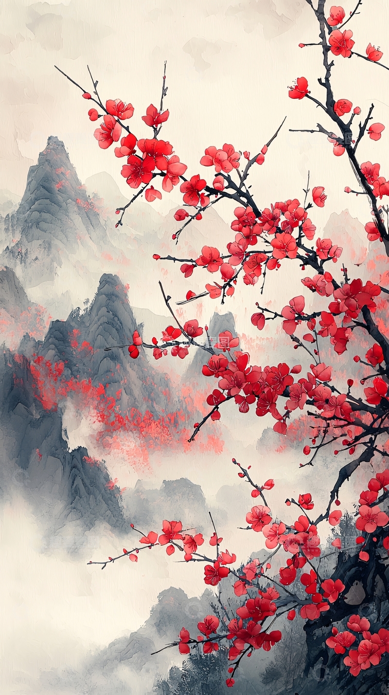 高清大图下载【趣麦麦图】红梅山水朦胧意境