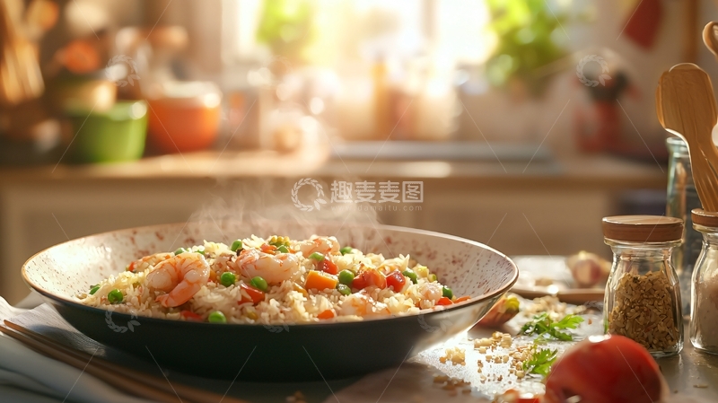 高清大图下载【趣麦麦图】热气腾腾的虾仁炒饭