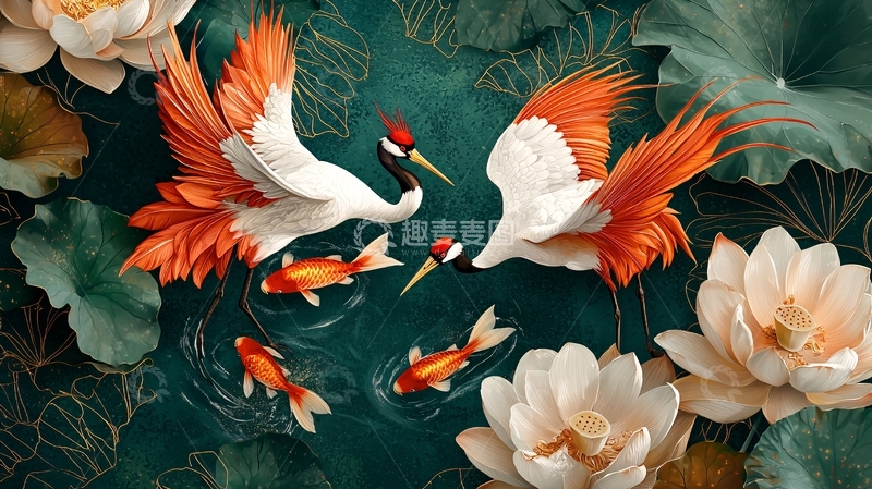 高清大图下载【趣麦麦图】国风仙鹤荷花锦鲤水墨画