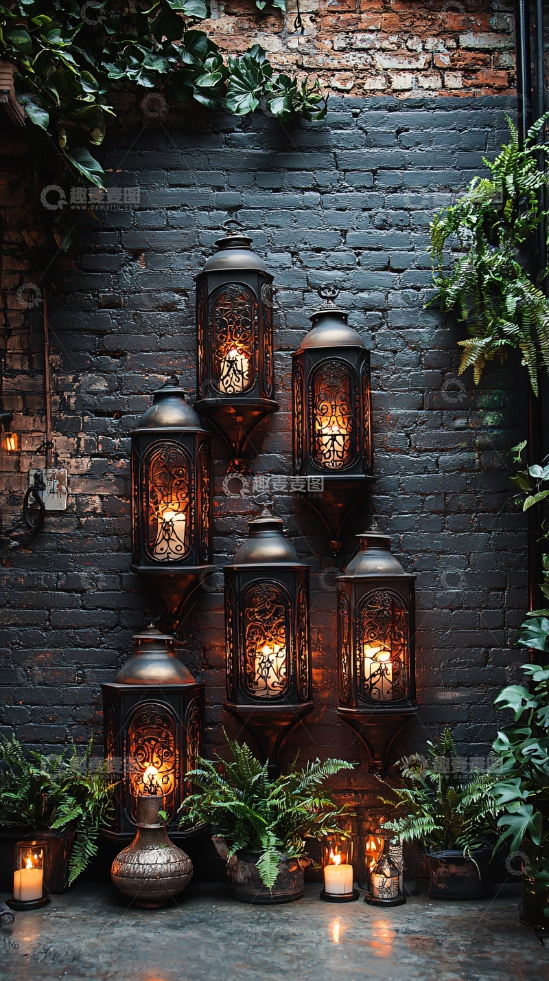 高清大图下载【趣麦麦图】复古灯笼在砖墙上的装饰
