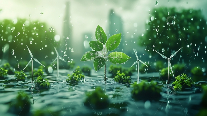高清大图下载【趣麦麦图】雨中绿植与风力发电机