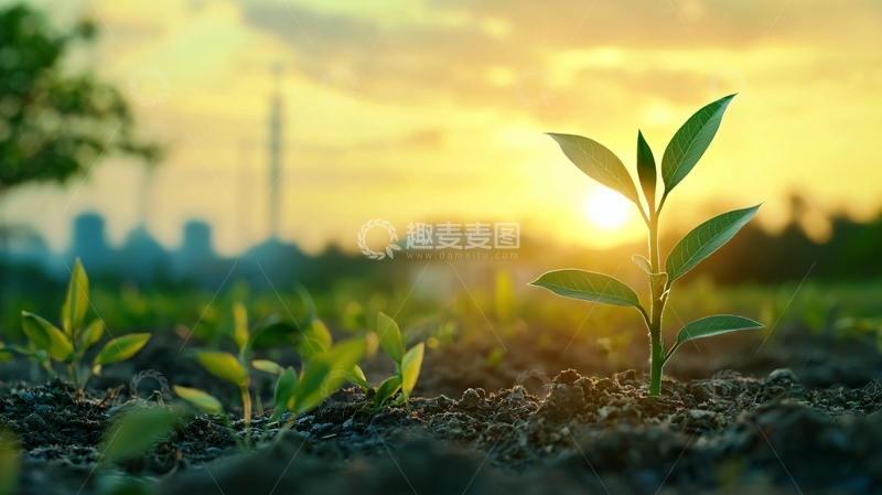 高清大图下载【趣麦麦图】日出背景下的绿色幼苗