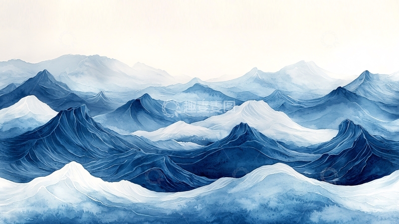 高清大图下载【趣麦麦图】水墨风格的蓝色山峰画作
