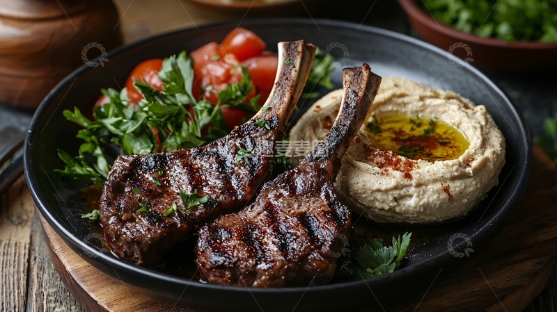 高清大图下载【趣麦麦图】烤羊排配鹰嘴豆泥和沙拉