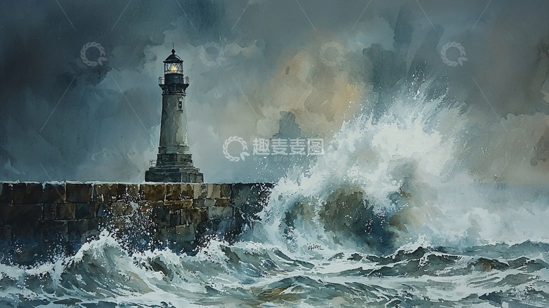 高清大图下载【趣麦麦图】海浪冲击灯塔的场景