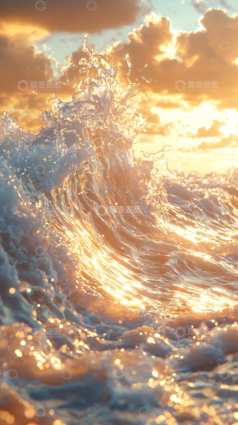 高清大图下载【趣麦麦图】金色阳光下波涛汹涌的海面