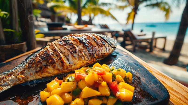 高清大图下载【趣麦麦图】海边烧烤鱼配芒果莎莎酱