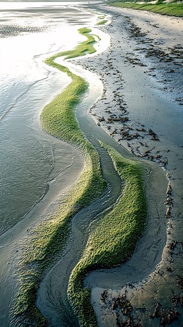 海滩绿藻蜿蜒沙洲