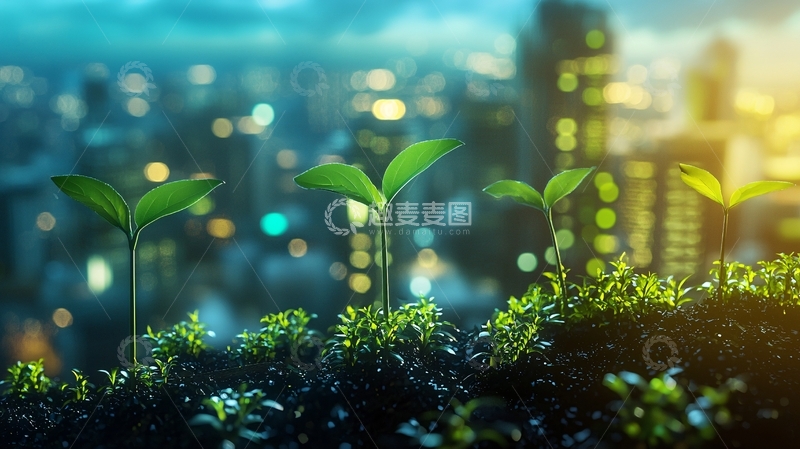 高清大图下载【趣麦麦图】城市夜景背景下的幼苗