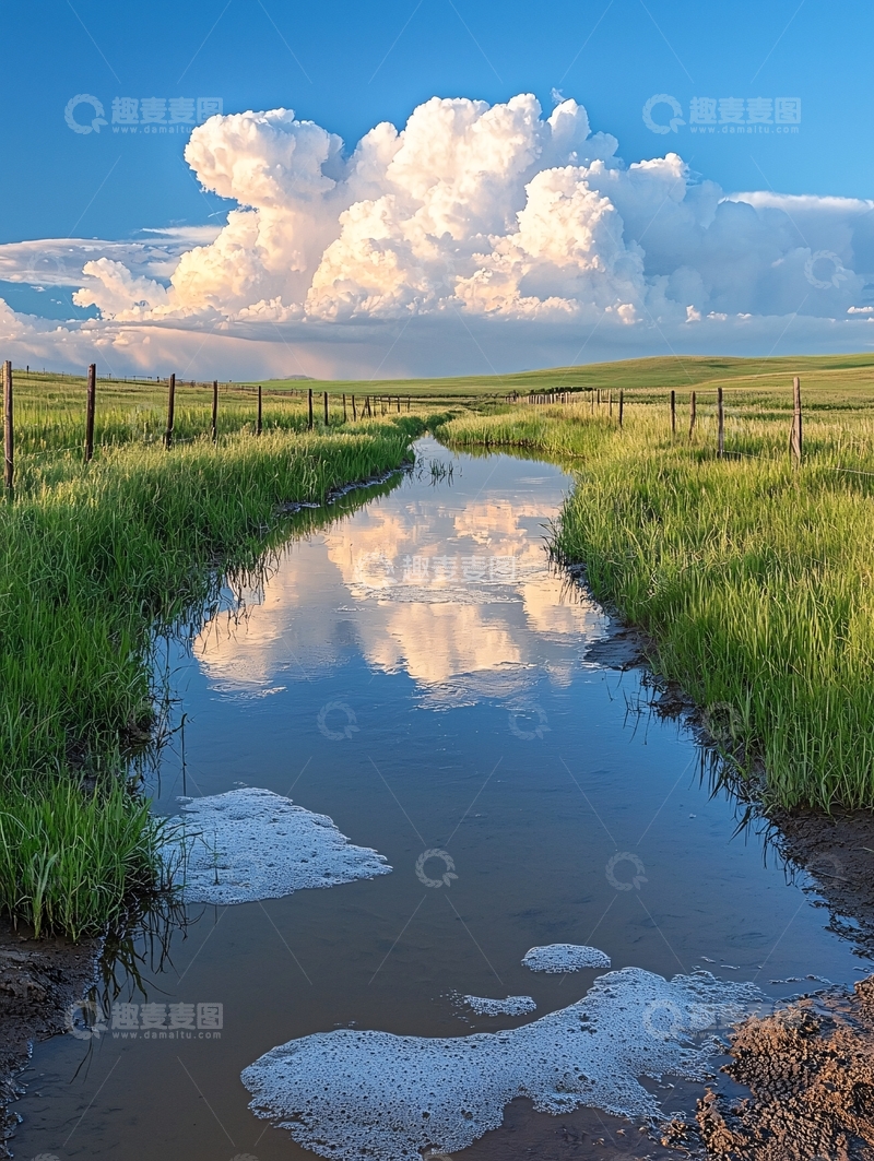 高清大图下载【趣麦麦图】田野水渠倒影白云蓝天