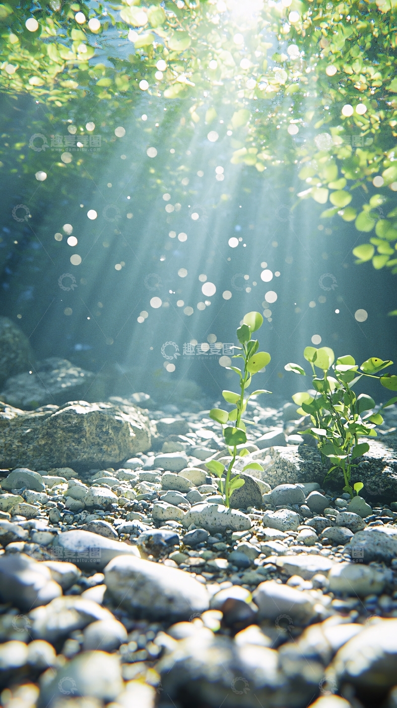 高清大图下载【趣麦麦图】阳光透过树叶照在溪流上